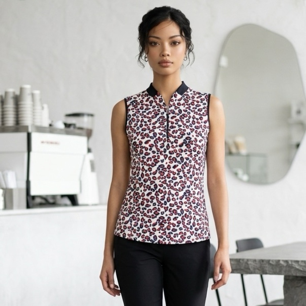 LN Tail SZ L white/black/red/pink sleeveless leopard print, 1/4 zip/bust 40”-42”